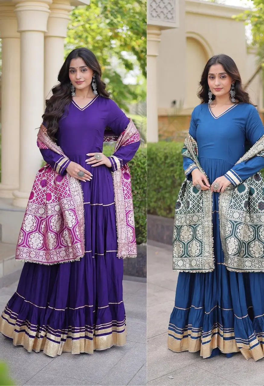 Designer Rayon Gown With Dupatta &amp; Gota Patti Work  LW-9356 — Wholesale Anarkali Suits, Vardan Ethnic wholesale from Surat — view 2