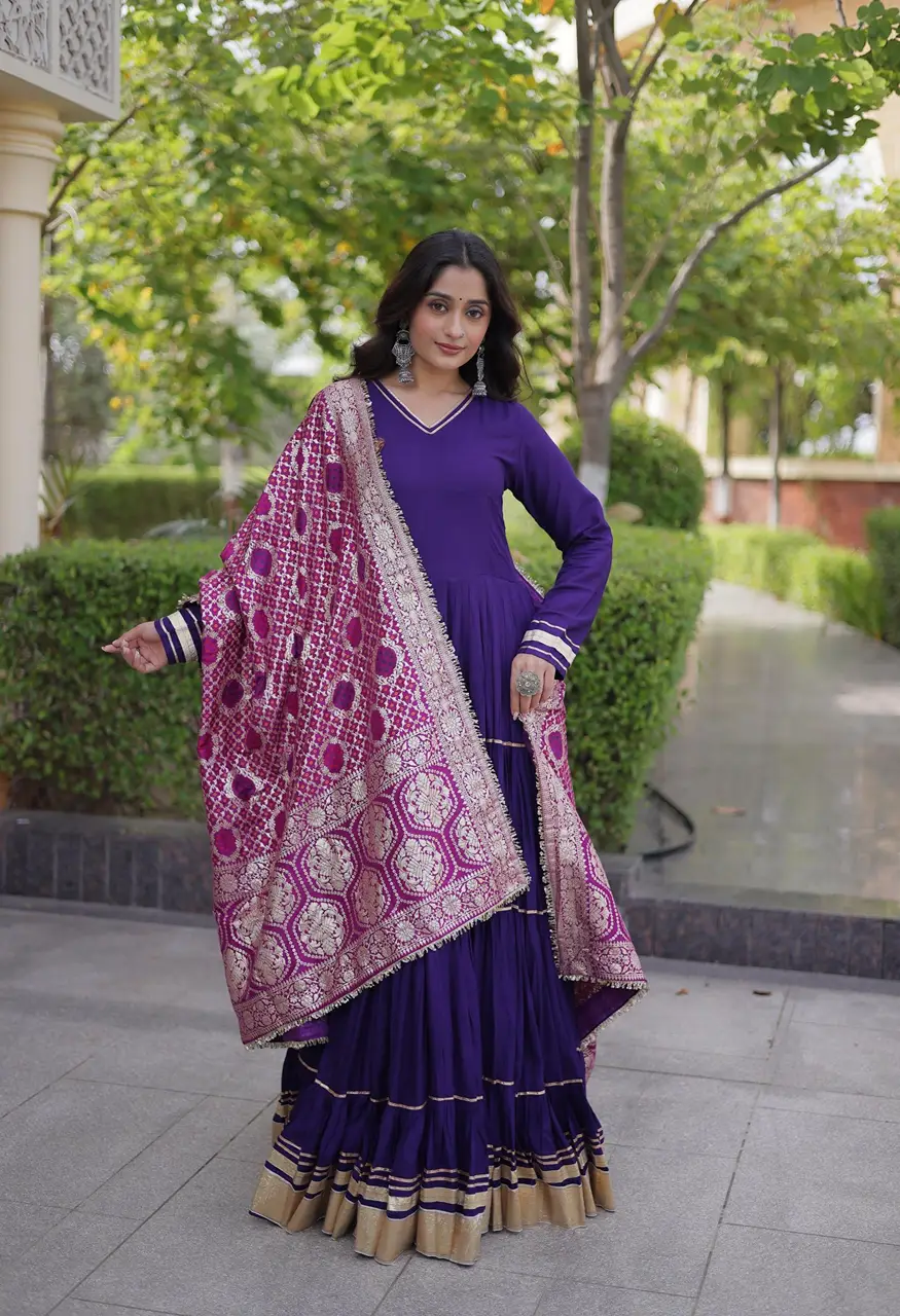 Designer Rayon Gown With Dupatta &amp; Gota Patti Work  LW-9356 — Wholesale Anarkali Suits, Vardan Ethnic wholesale from Surat — view 4