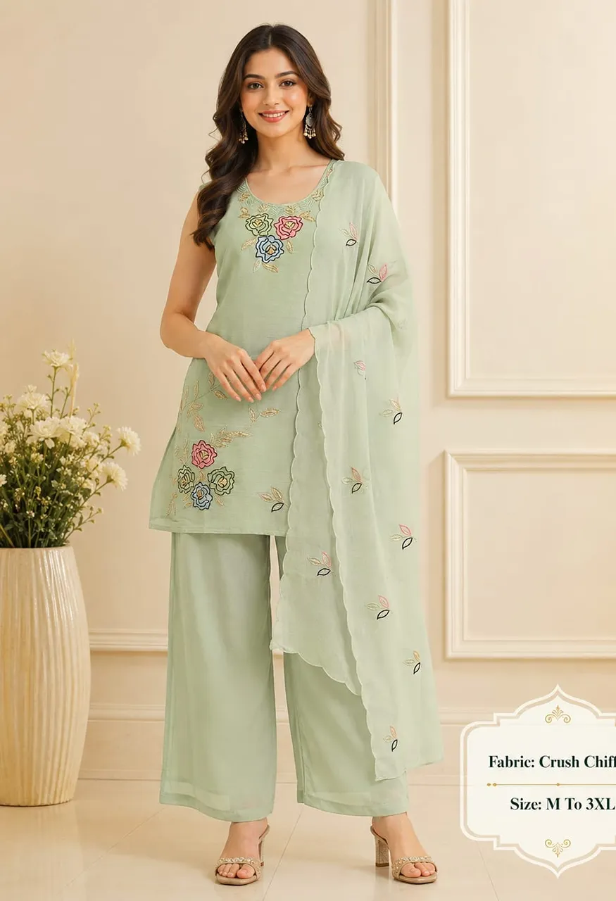 New Demanded Crush Chiffon 3-Pcs Plazo Pair with Full Inner Set — Wholesale Kurtis, Vardan Ethnic wholesale from Surat — Photo 2