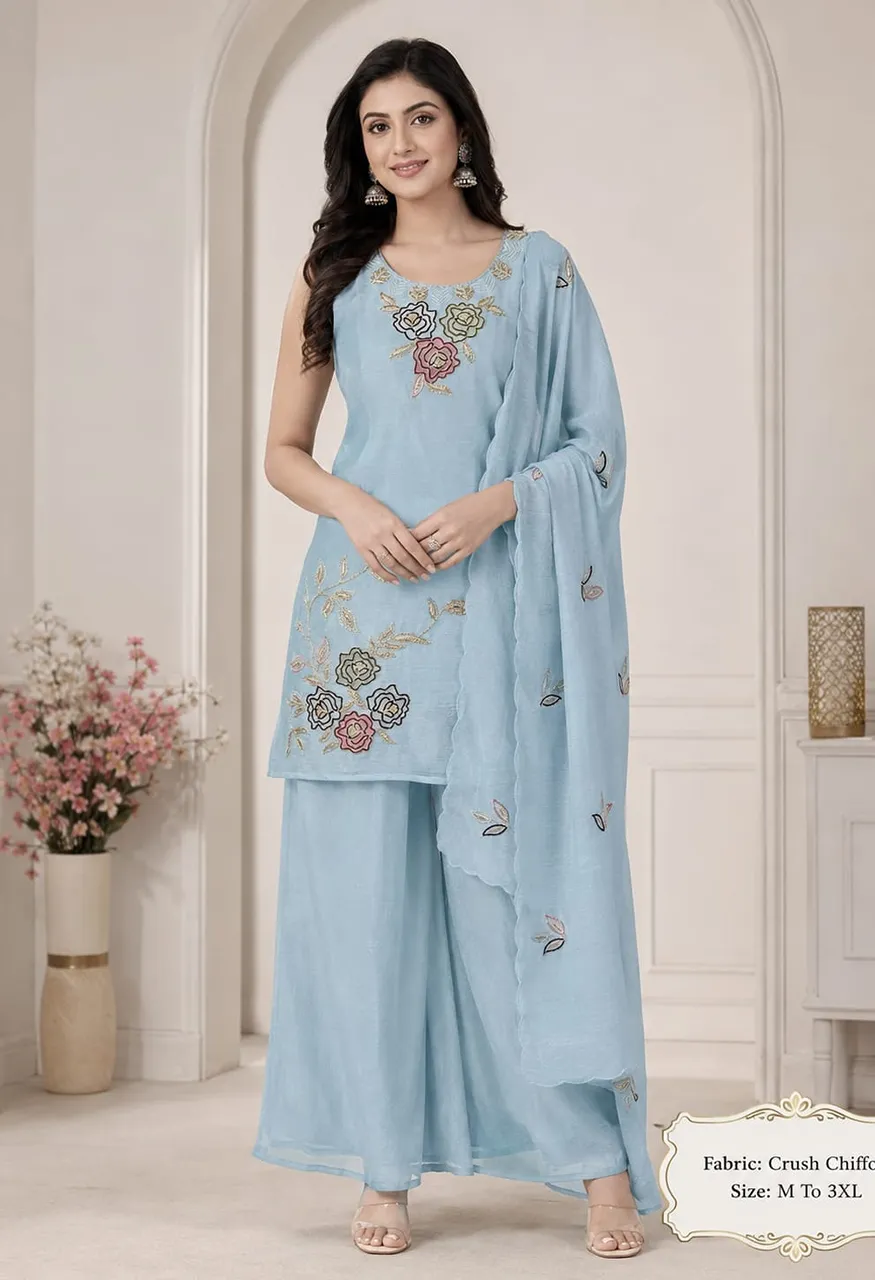 New Demanded Crush Chiffon 3-Pcs Plazo Pair with Full Inner Set — Wholesale Kurtis, Vardan Ethnic wholesale from Surat — Photo 3