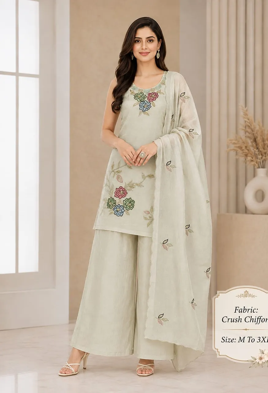 New Demanded Crush Chiffon 3-Pcs Plazo Pair with Full Inner Set — Wholesale Kurtis, Vardan Ethnic wholesale from Surat — Photo 4