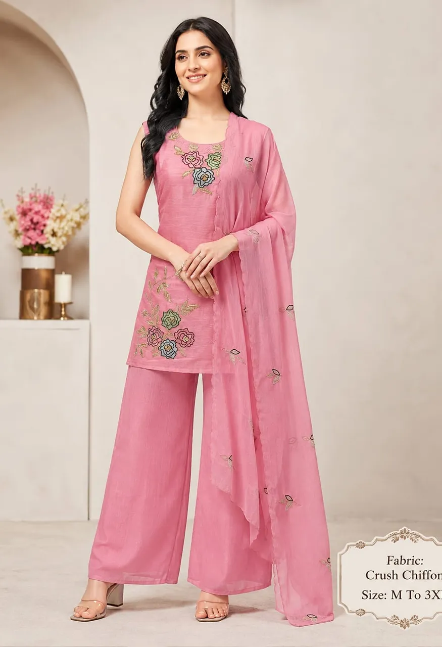 New Demanded Crush Chiffon 3-Pcs Plazo Pair with Full Inner Set