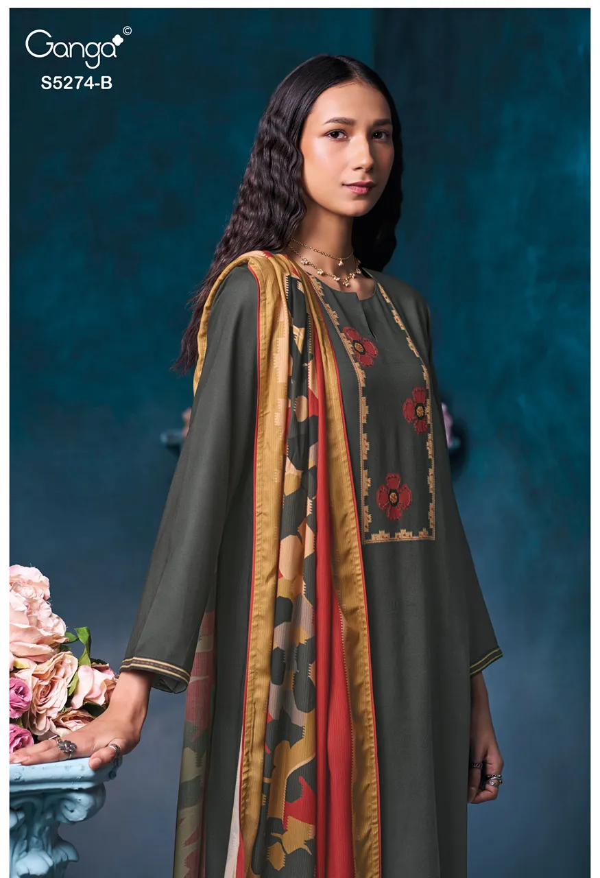 Ganga Artemis 5274 Premium Pure Wool Pashmina Printed Suit With Hand Work