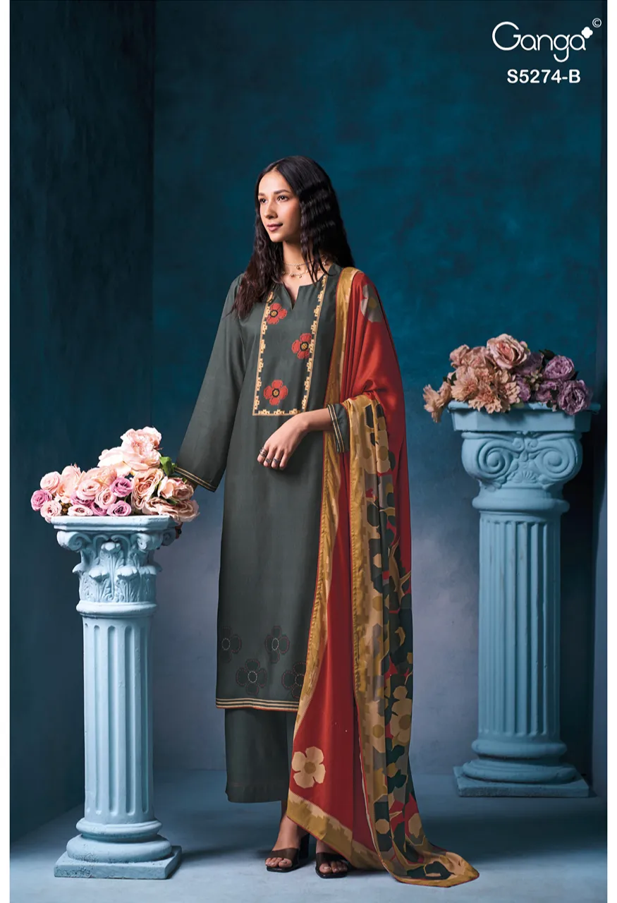 Ganga Artemis 5274 Premium Pure Wool Pashmina Printed Suit With Hand Work — Wholesale Dress Material, Vardan Ethnic wholesale from Surat — Photo 4