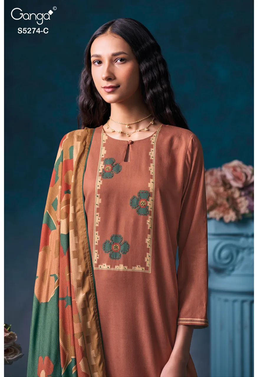 Ganga Artemis 5274 Premium Pure Wool Pashmina Printed Suit With Hand Work — Wholesale Dress Material, Vardan Ethnic wholesale from Surat — Photo 5