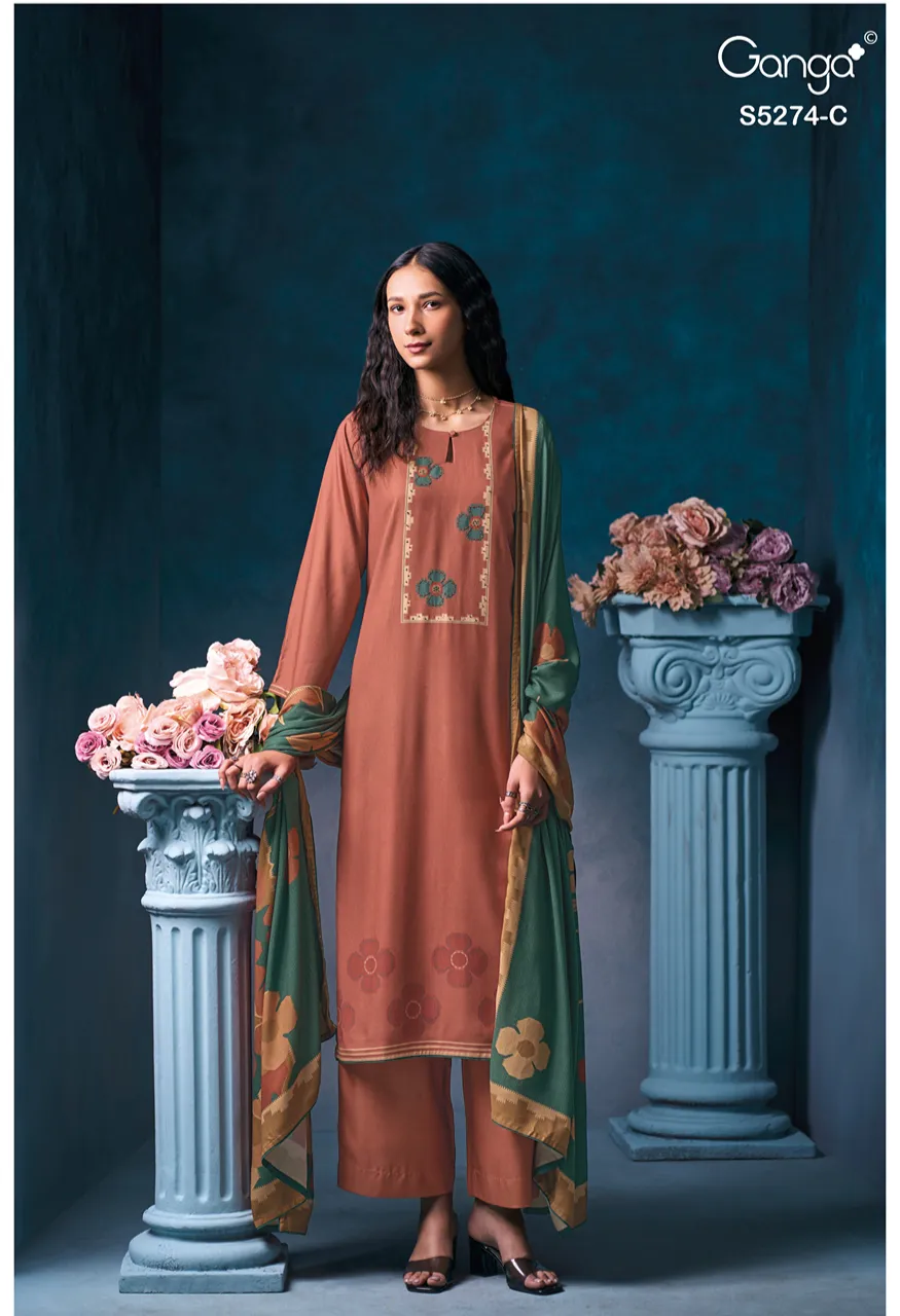 Ganga Artemis 5274 Premium Pure Wool Pashmina Printed Suit With Hand Work — Wholesale Dress Material, Vardan Ethnic wholesale from Surat — Photo 7