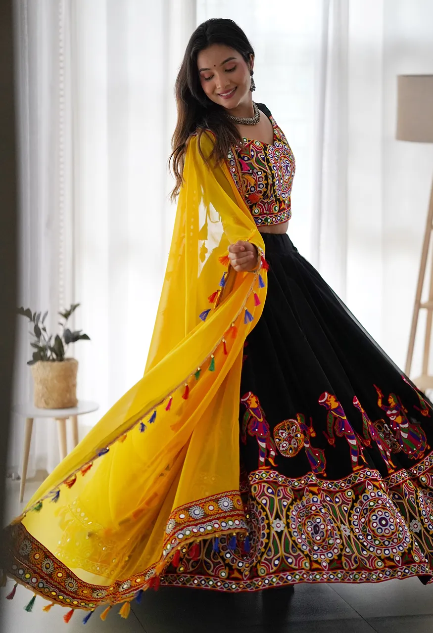 Premium Faux Georgette Lehenga Choli with Original Mirror Work and Dupatta Set — Wholesale Lehenga, Vardan Ethnic wholesale from Surat — view 3