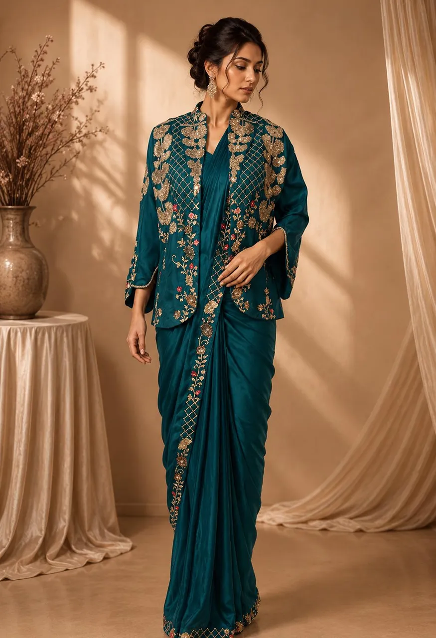 Amoha Premium Ready-to-Wear Saree with Heavy Embroidery Blouse Jacket – A550 — Singles, Vardan Ethnic wholesale from Surat — Photo 2