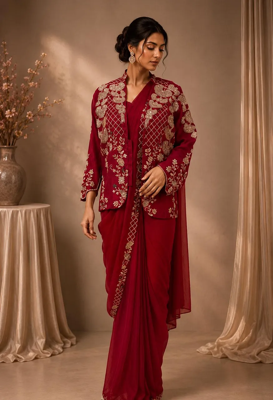 Amoha Premium Ready-to-Wear Saree with Heavy Embroidery Blouse Jacket – A550 — Singles, Vardan Ethnic wholesale from Surat — Photo 3