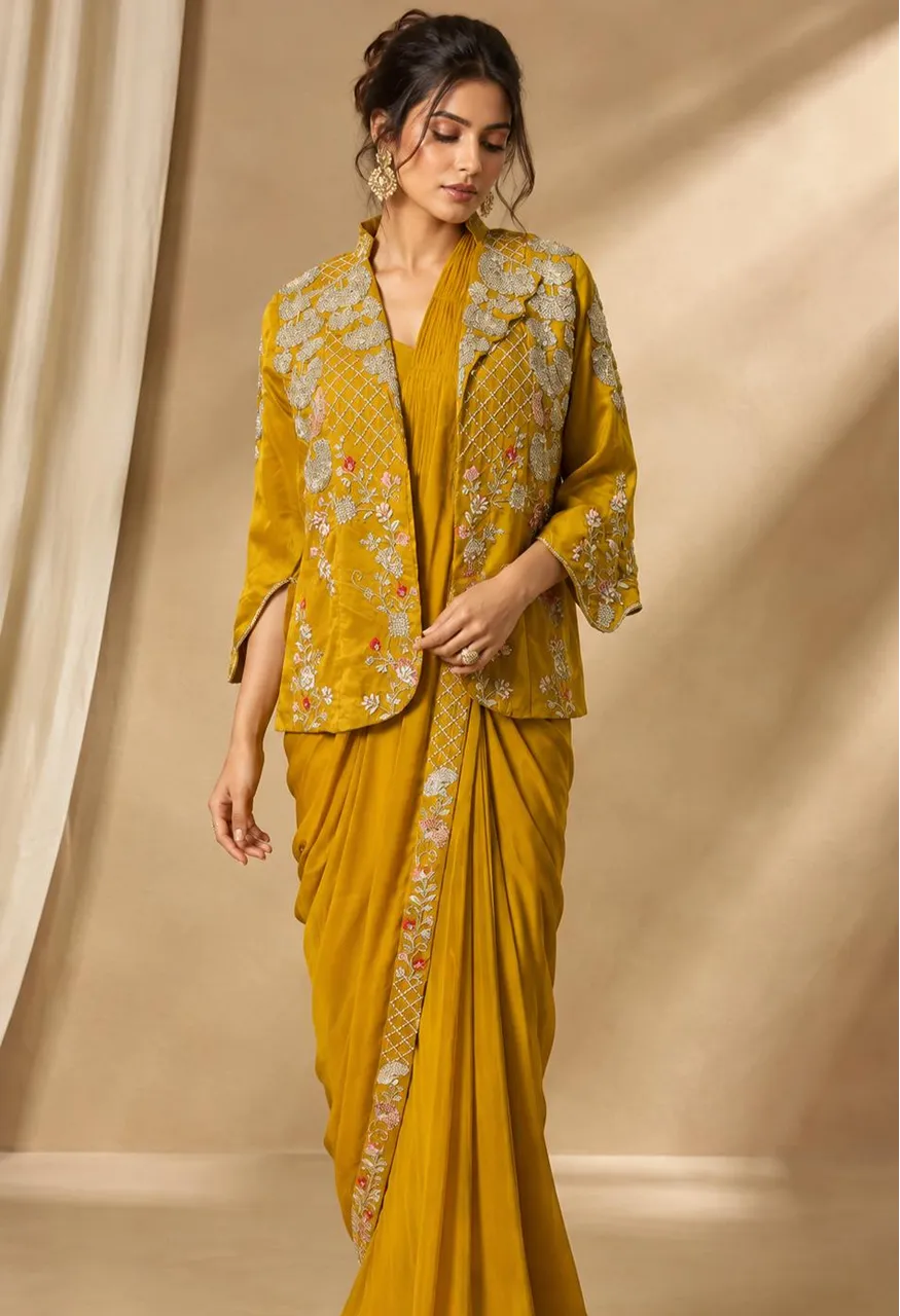 Amoha  Premium Ready-to-Wear Saree with Heavy Embroidery Blouse  Jacket – A550