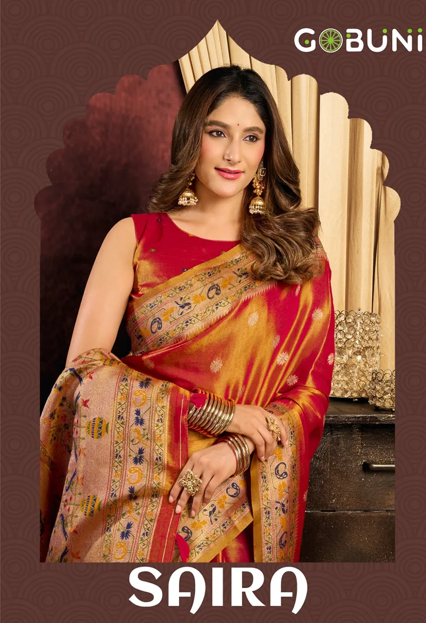 Gobuni Saira Premium Tissue Silk Saree with Tassels Series 5201 5206 — Singles, Vardan Ethnic wholesale from Surat — Photo 2