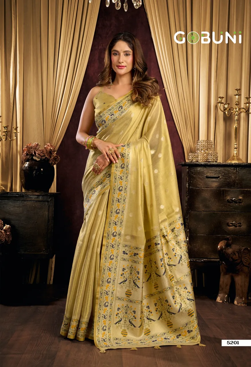 Gobuni Saira Premium Tissue Silk Saree with Tassels Series 5201 5206 — Singles, Vardan Ethnic wholesale from Surat — Photo 3