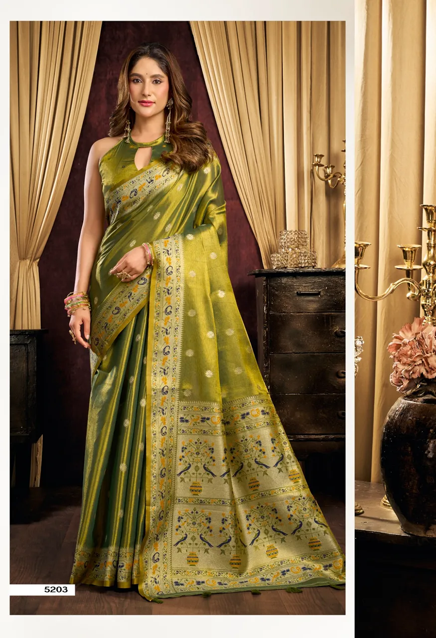 Gobuni Saira Premium Tissue Silk Saree with Tassels Series 5201 5206 — Singles, Vardan Ethnic wholesale from Surat — Photo 4