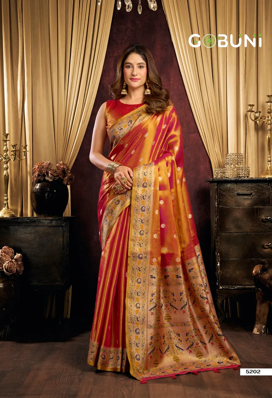 Gobuni Saira Premium Tissue Silk Saree with Tassels Series 5201 5206 — Singles, Vardan Ethnic wholesale from Surat — Photo 5