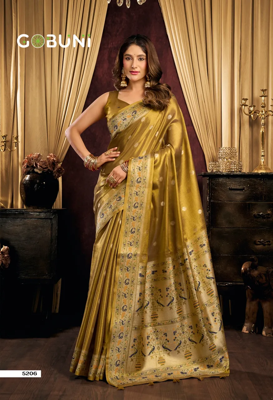 Gobuni Saira Premium Tissue Silk Saree with Tassels Series 5201 5206 — Singles, Vardan Ethnic wholesale from Surat — Photo 7