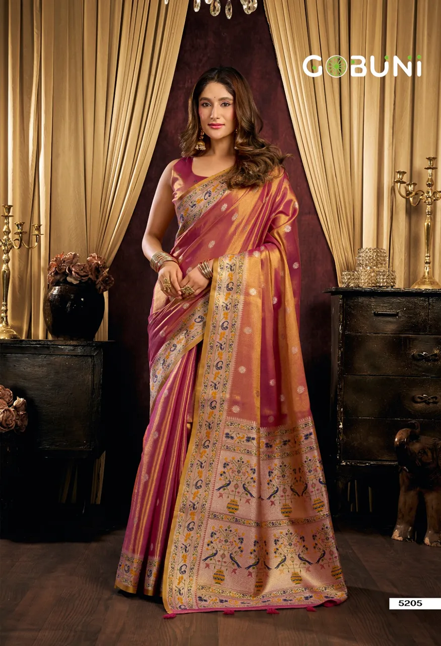 Gobuni Saira Premium Tissue Silk Saree with Tassels Series 5201 5206 — Singles, Vardan Ethnic wholesale from Surat — Photo 8