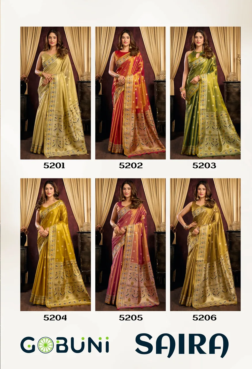 Gobuni Saira Premium Tissue Silk Saree with Tassels Series 5201 5206 — Singles, Vardan Ethnic wholesale from Surat — Photo 12