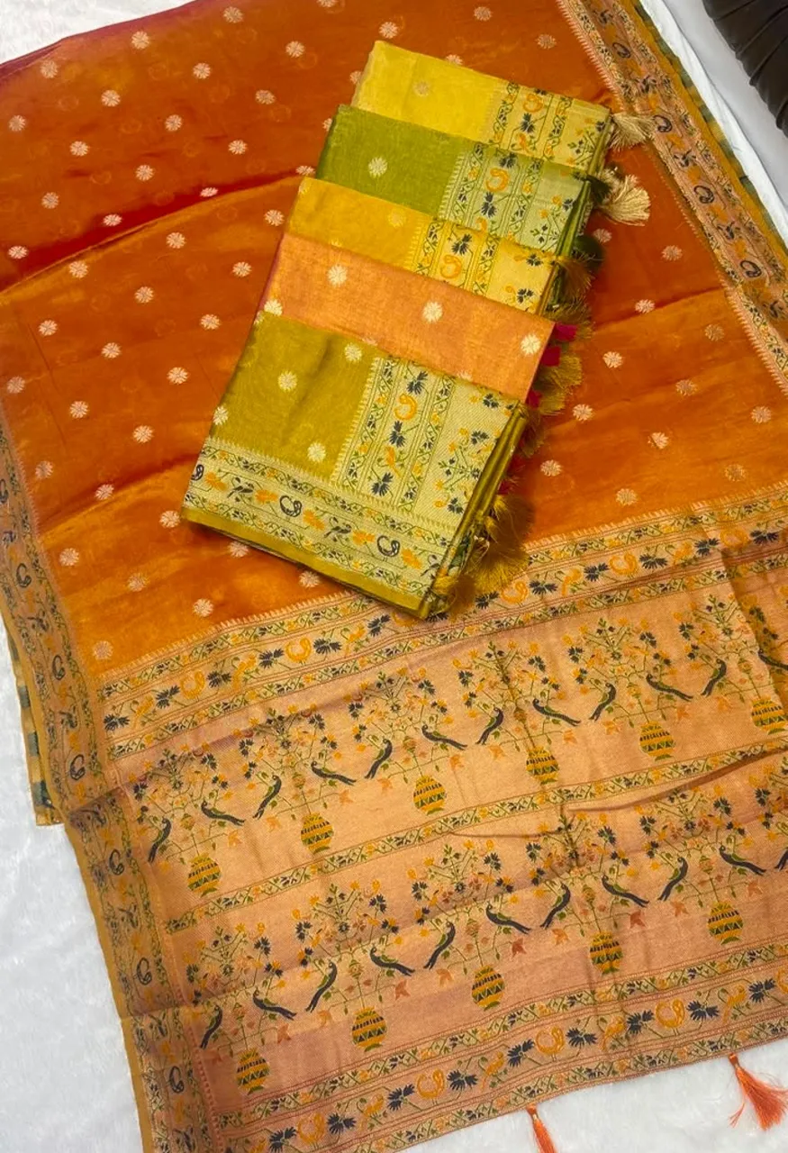 Gobuni Saira Premium Tissue Silk Saree with Tassels Series 5201 5206 — Singles, Vardan Ethnic wholesale from Surat — Photo 9