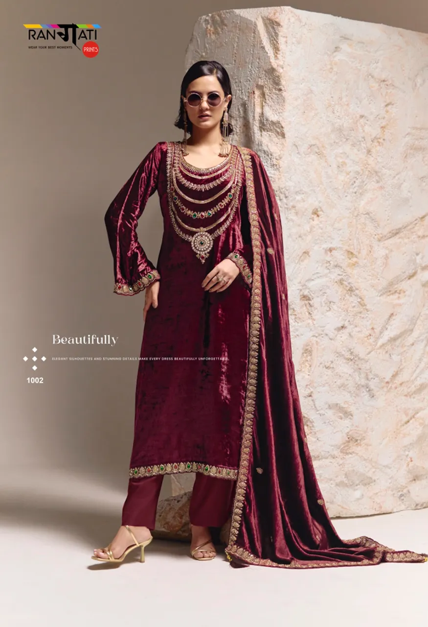 Rangati Prints The Royal Winter Catalog Velvet Suit with Kundan Work — Wholesale Pakistani Suits, Vardan Ethnic wholesale from Surat — Photo 5