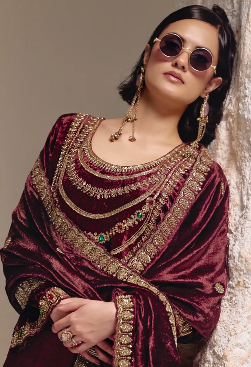 Rangati Prints The Royal Winter Catalog  Velvet Suit with Kundan Work