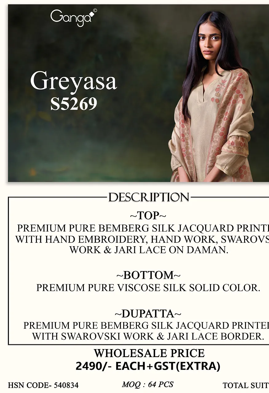 Ganga Greyasa 5269 Premium Bemberg Silk Jacquard Top Bottom Dupatta Set — Wholesale Pakistani Suits, Vardan Ethnic wholesale from Surat — Photo 2