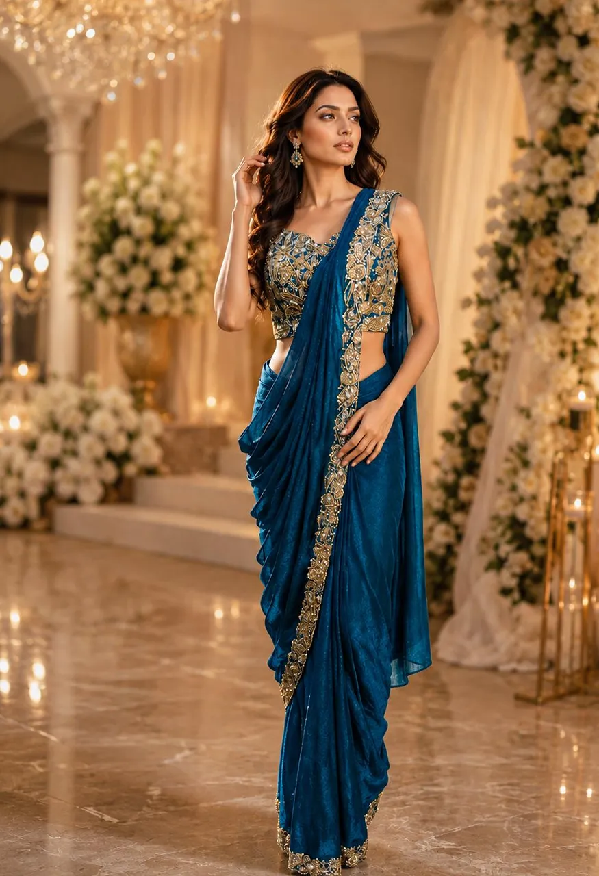 AMOHA A505 Fendi Satin Saree with Beads Work Blouse — Singles, Vardan Ethnic wholesale from Surat — Photo 2