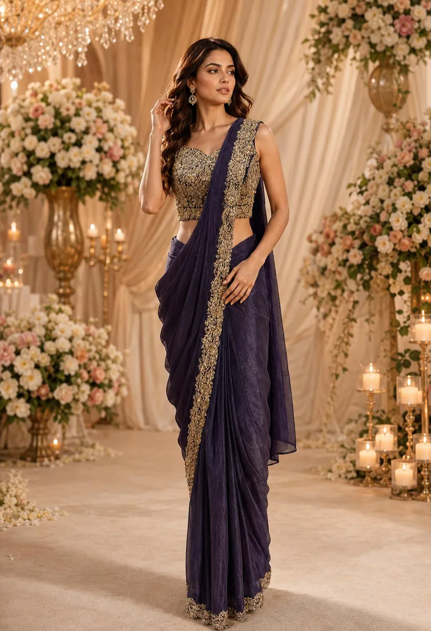 AMOHA A505 Fendi Satin Saree with Beads Work Blouse — Singles, Vardan Ethnic wholesale from Surat — Photo 3