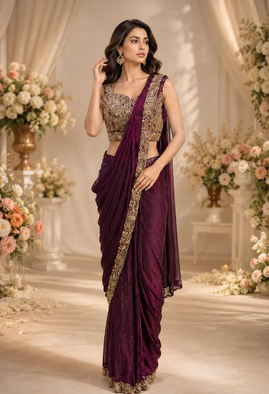 AMOHA A505 Fendi Satin Saree with Beads Work Blouse — Singles, Vardan Ethnic wholesale from Surat — Photo 4