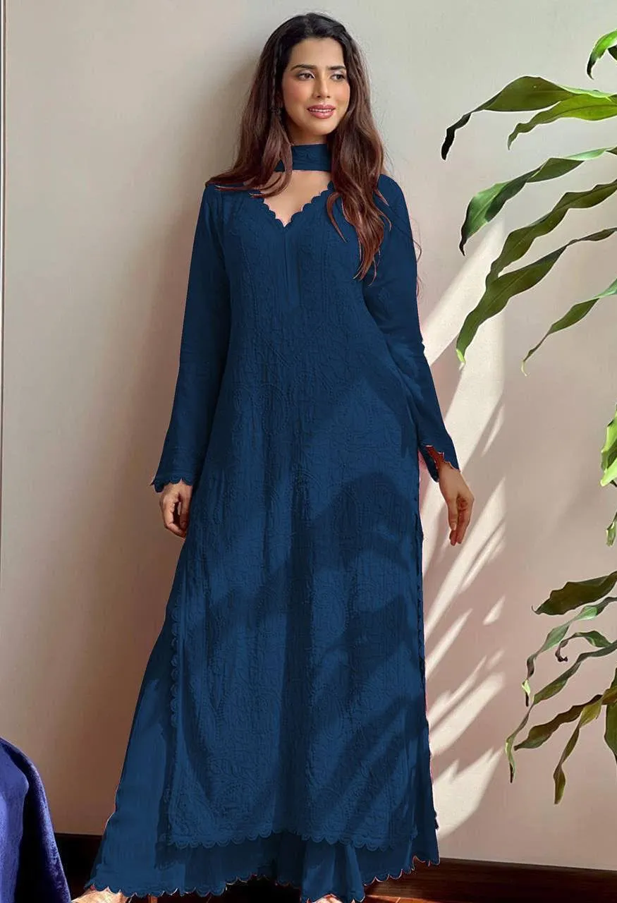 Be Bhanderi BE 170 Faux Georgette Embroidered Top Palazzo with Dupatta Set
