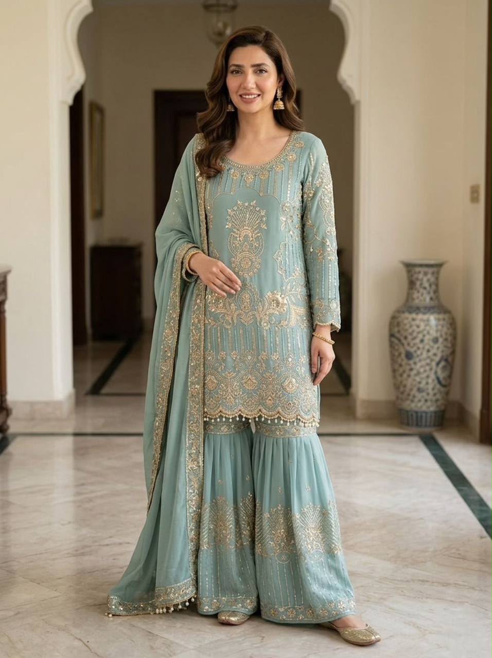 Designer Georgette Sequence Embroidered Top Sarara with Dupatta Set — Wholesale Kurtis, Vardan Ethnic wholesale from Surat — Photo 2