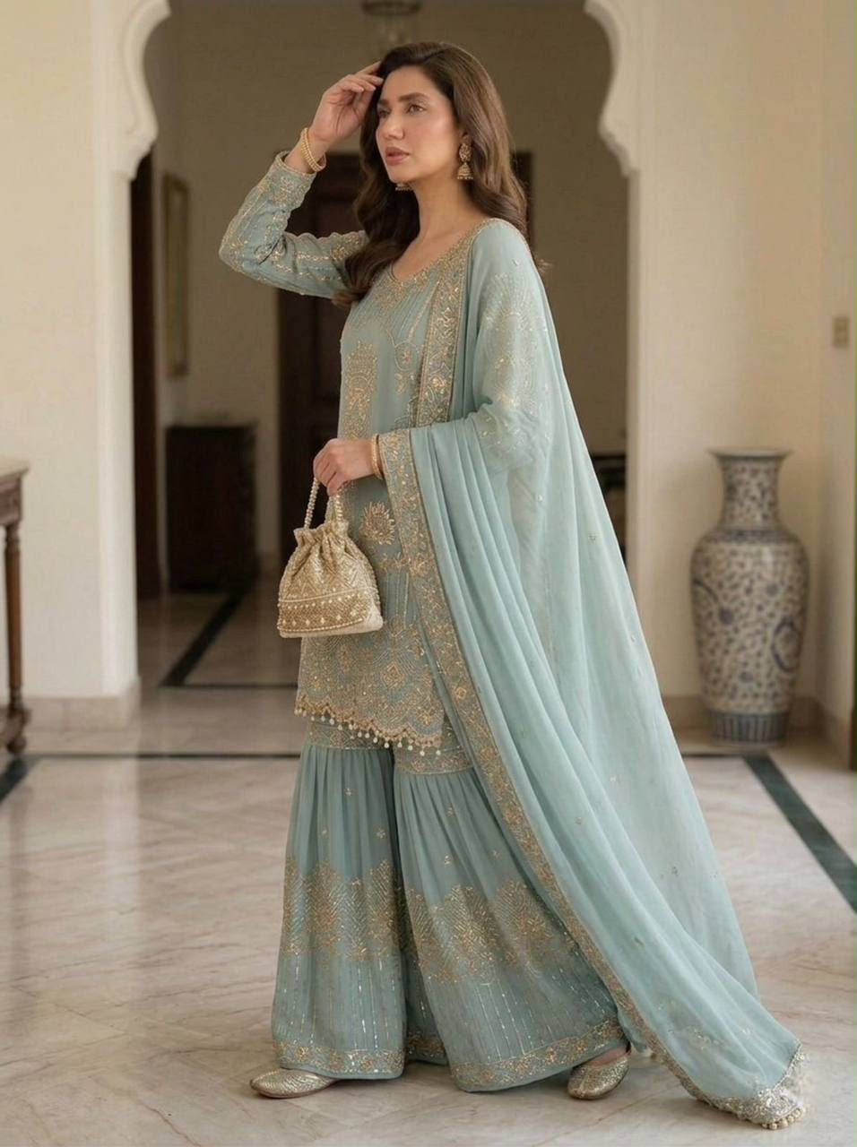 Designer Georgette Sequence Embroidered Top Sarara with Dupatta Set — Wholesale Kurtis, Vardan Ethnic wholesale from Surat — Photo 4