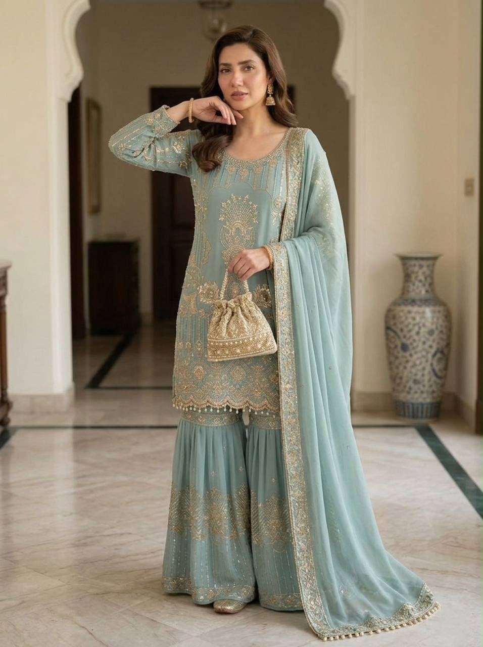 Designer Georgette Sequence Embroidered Top Sarara with Dupatta Set — Wholesale Kurtis, Vardan Ethnic wholesale from Surat — Photo 5