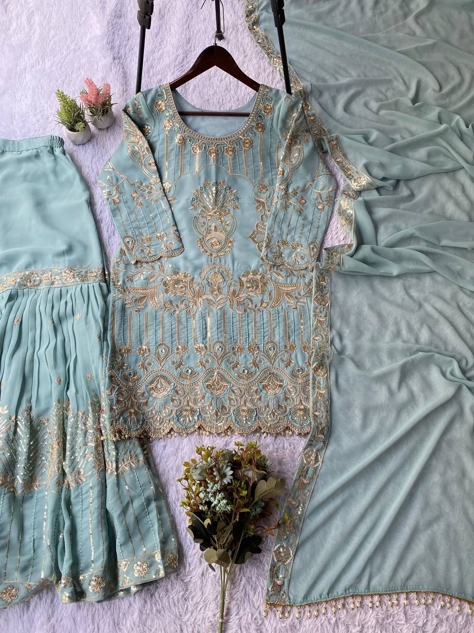 Designer Georgette Sequence Embroidered Top Sarara with Dupatta Set — Wholesale Kurtis, Vardan Ethnic wholesale from Surat — Photo 3