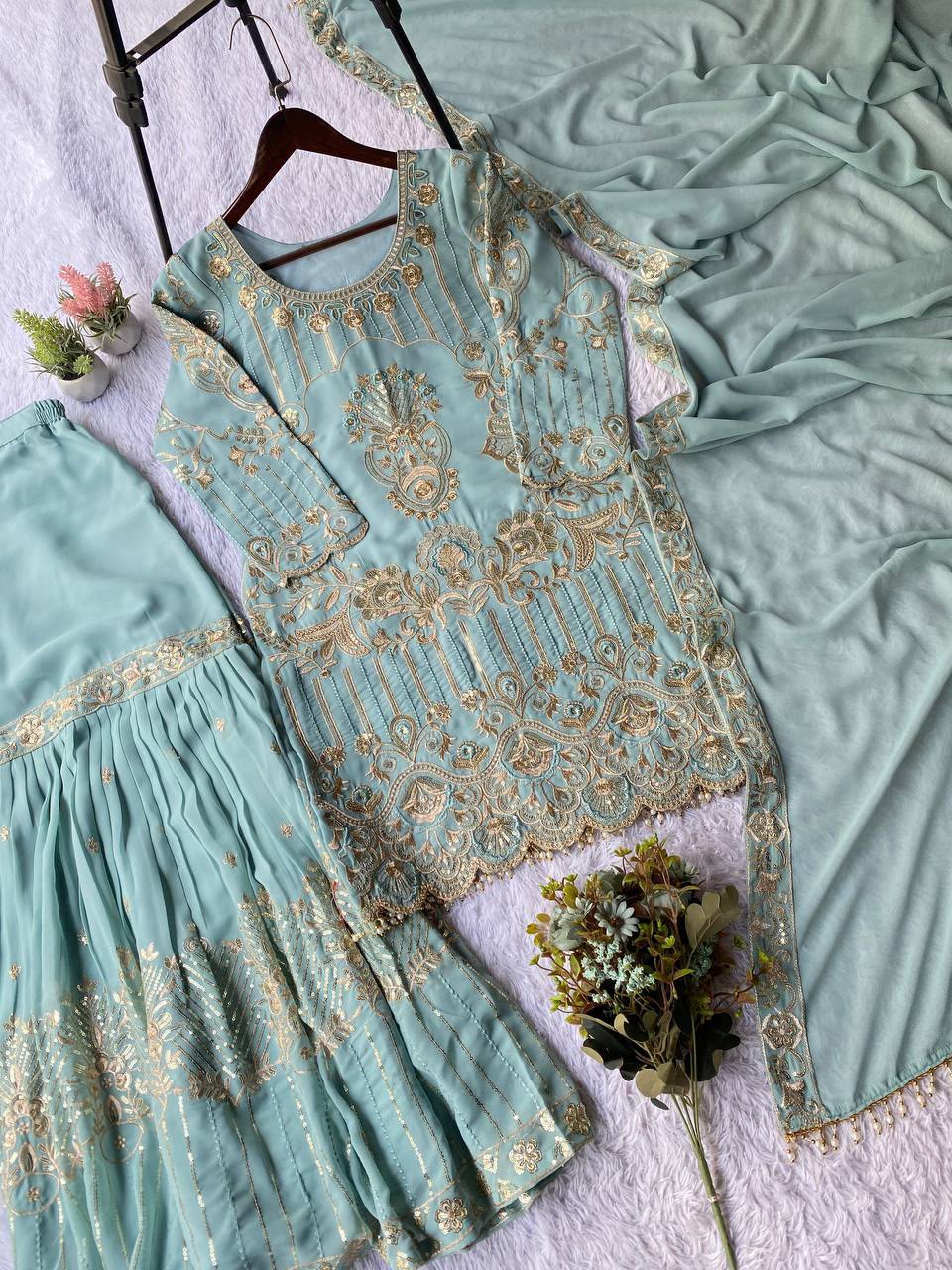 Designer Georgette Sequence Embroidered Top Sarara with Dupatta Set — Wholesale Kurtis, Vardan Ethnic wholesale from Surat — Photo 6