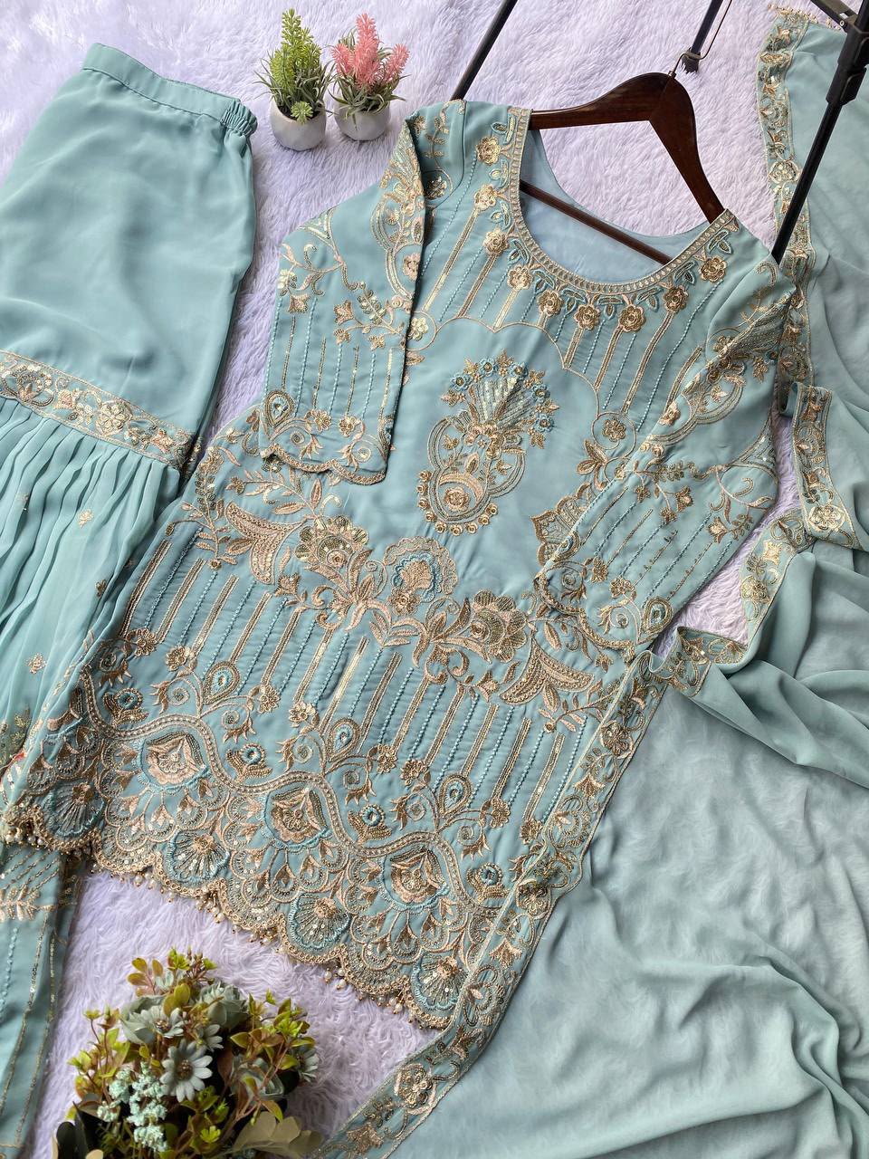 Designer Georgette Sequence Embroidered Top Sarara with Dupatta Set — Wholesale Kurtis, Vardan Ethnic wholesale from Surat — Photo 7