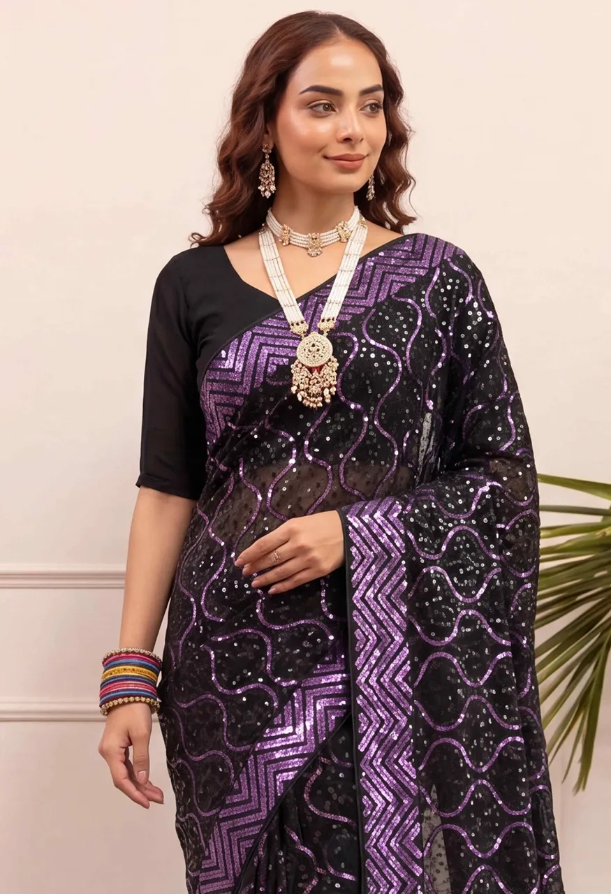 Georgette Embroidery Sequence Work Saree with Heavy Mono Silk Blouse — Singles, Vardan Ethnic wholesale from Surat — view 2