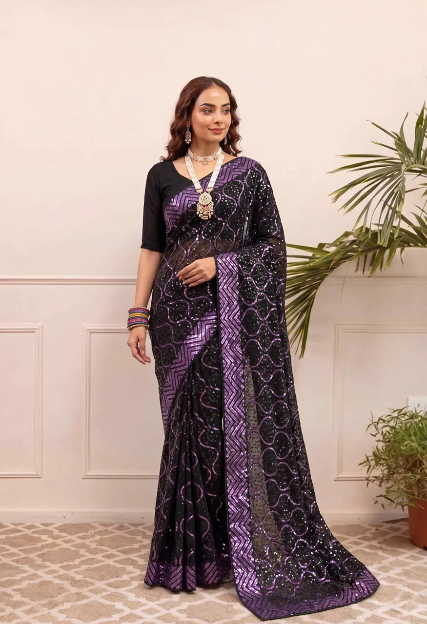 Georgette Embroidery Sequence Work Saree with Heavy Mono Silk Blouse — Singles, Vardan Ethnic wholesale from Surat — view 3