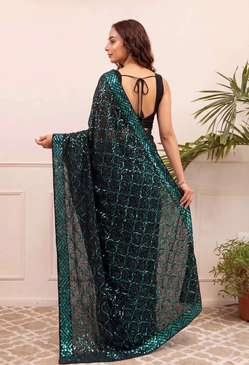 Georgette Embroidery Sequence Work Saree with Heavy Mono Silk Blouse — Singles, Vardan Ethnic wholesale from Surat — view 5
