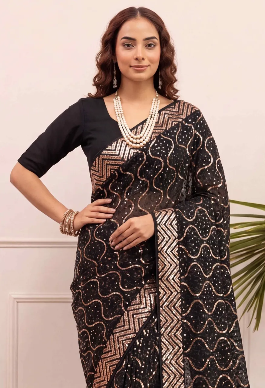 Georgette Embroidery Sequence Work Saree with Heavy Mono Silk Blouse — Singles, Vardan Ethnic wholesale from Surat — view 6