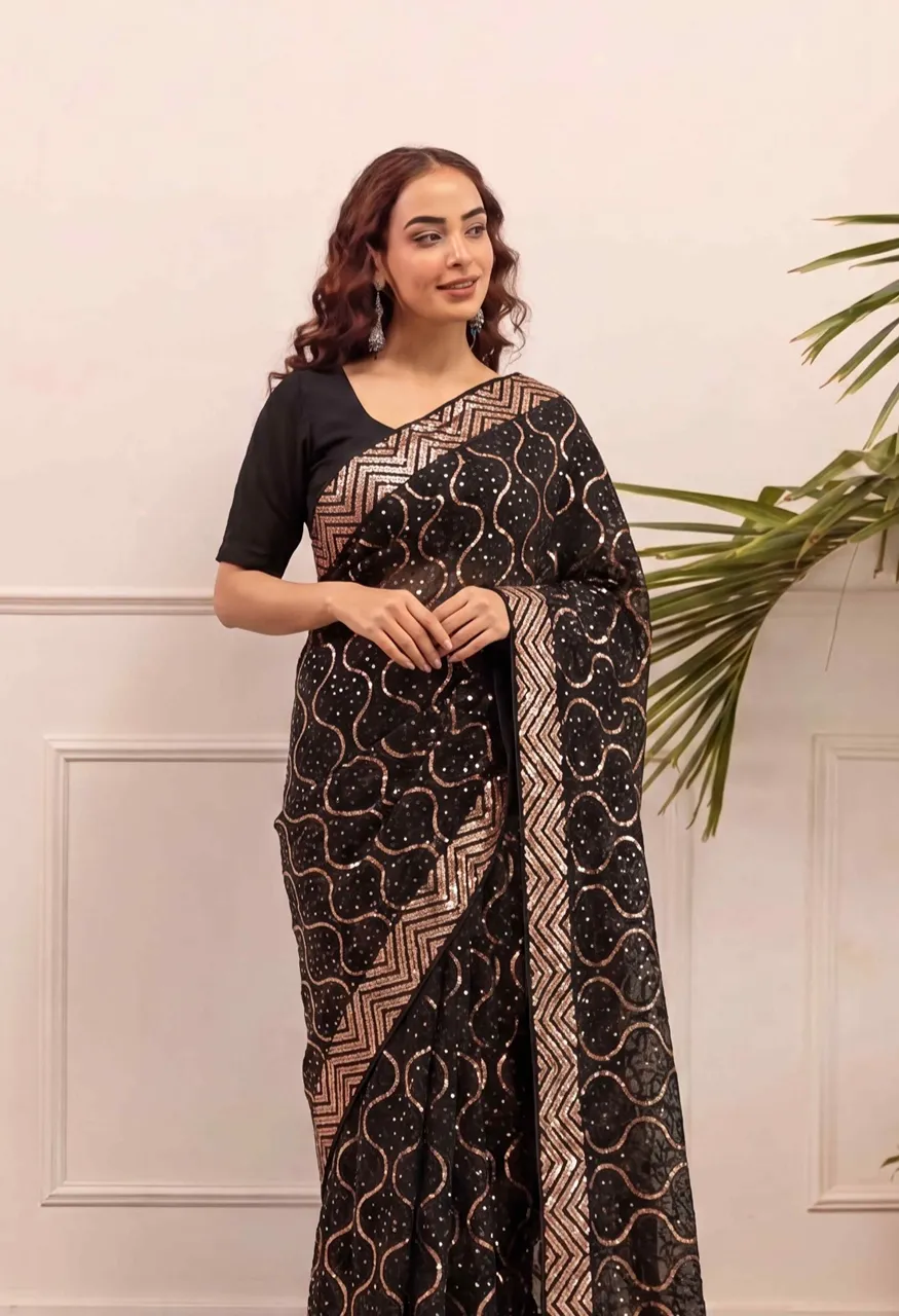 Georgette Embroidery Sequence Work Saree with Heavy Mono Silk Blouse — Singles, Vardan Ethnic wholesale from Surat — view 7