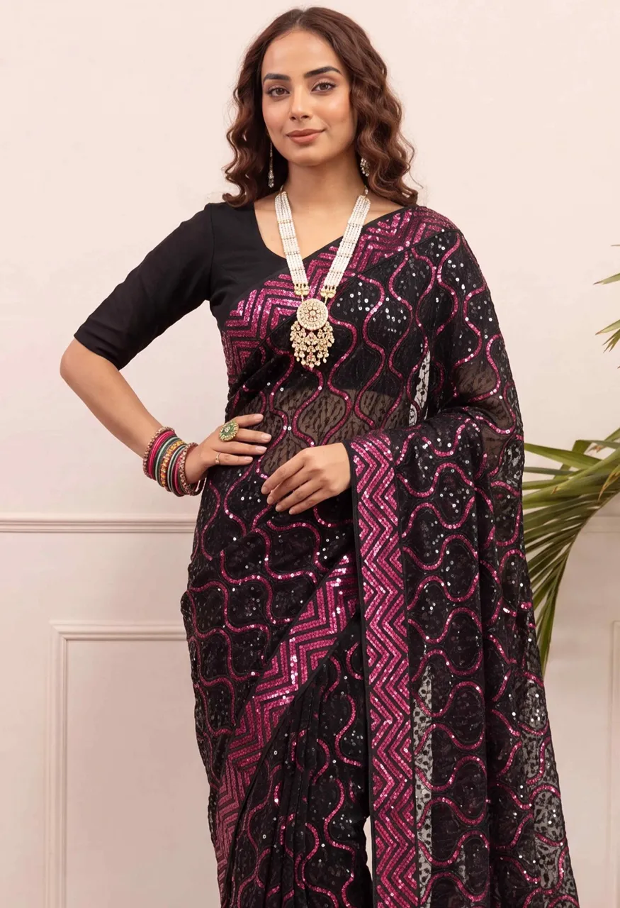 Georgette Embroidery Sequence Work Saree with Heavy Mono Silk Blouse — Singles, Vardan Ethnic wholesale from Surat — view 8
