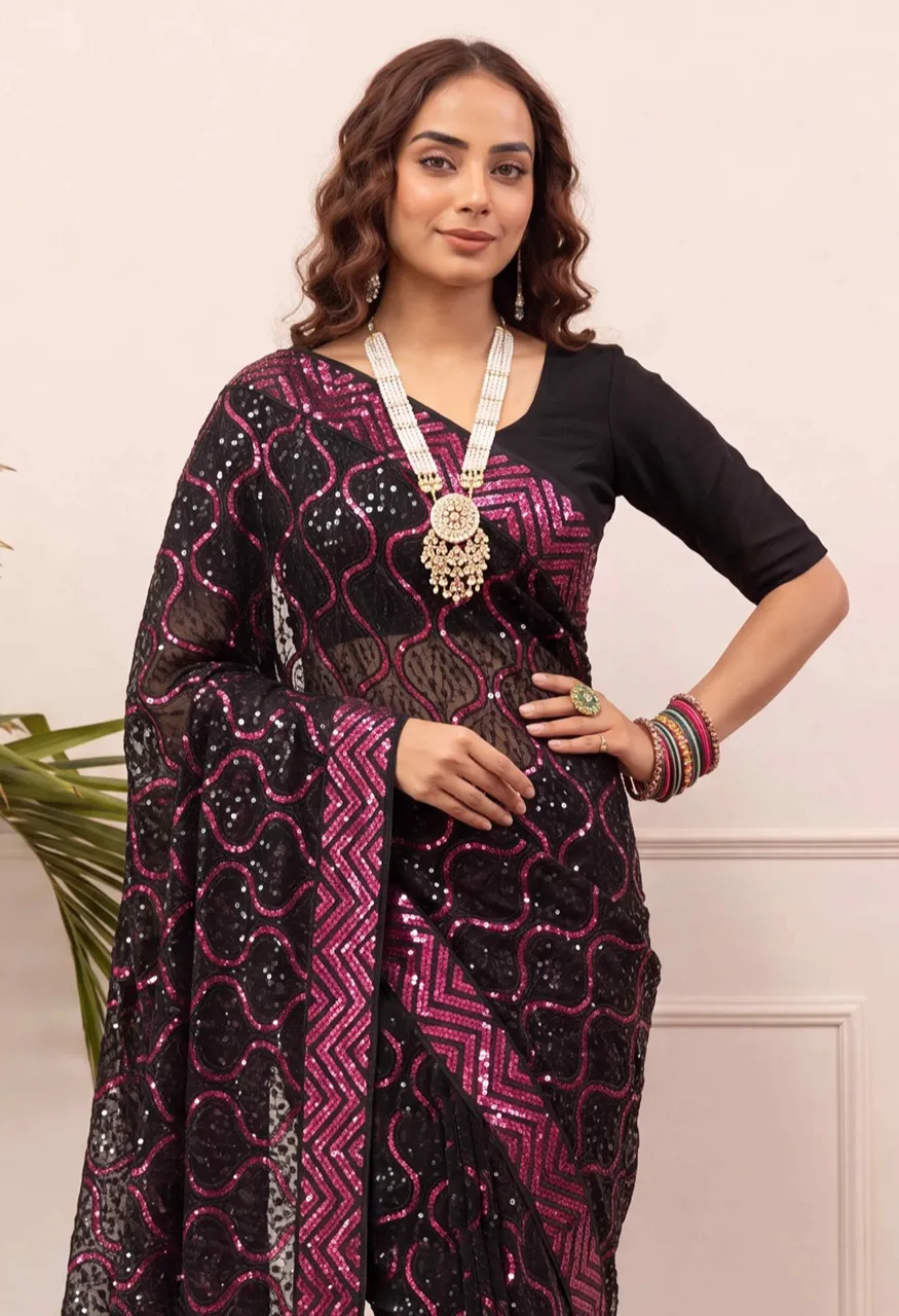 Georgette Embroidery Sequence Work Saree with Heavy Mono Silk Blouse — Singles, Vardan Ethnic wholesale from Surat — view 9