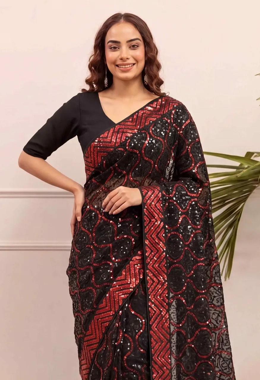 Georgette Embroidery Sequence Work Saree with Heavy Mono Silk Blouse — Singles, Vardan Ethnic wholesale from Surat — view 10