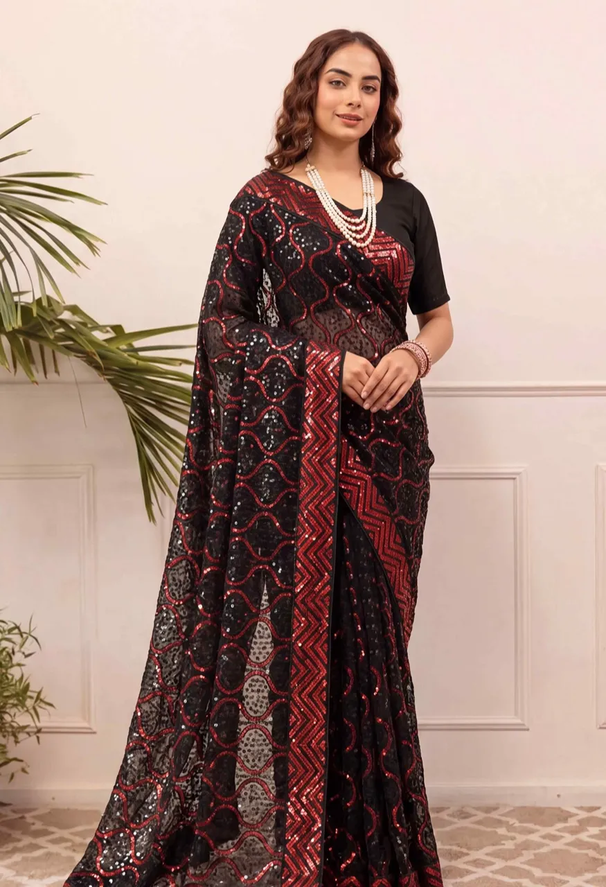 Georgette Embroidery Sequence Work Saree with Heavy Mono Silk Blouse — Singles, Vardan Ethnic wholesale from Surat — view 11