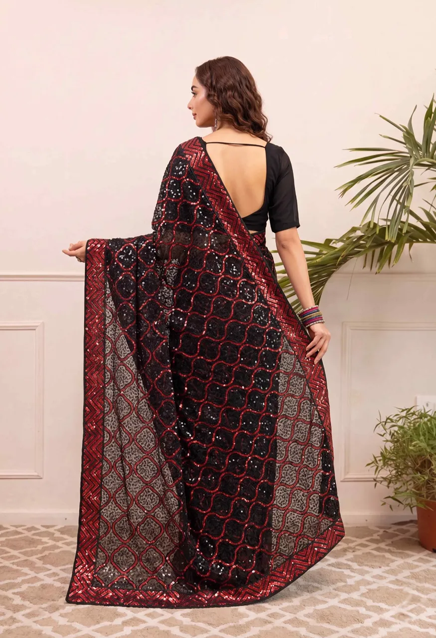Georgette Embroidery Sequence Work Saree with Heavy Mono Silk Blouse — Singles, Vardan Ethnic wholesale from Surat — view 12