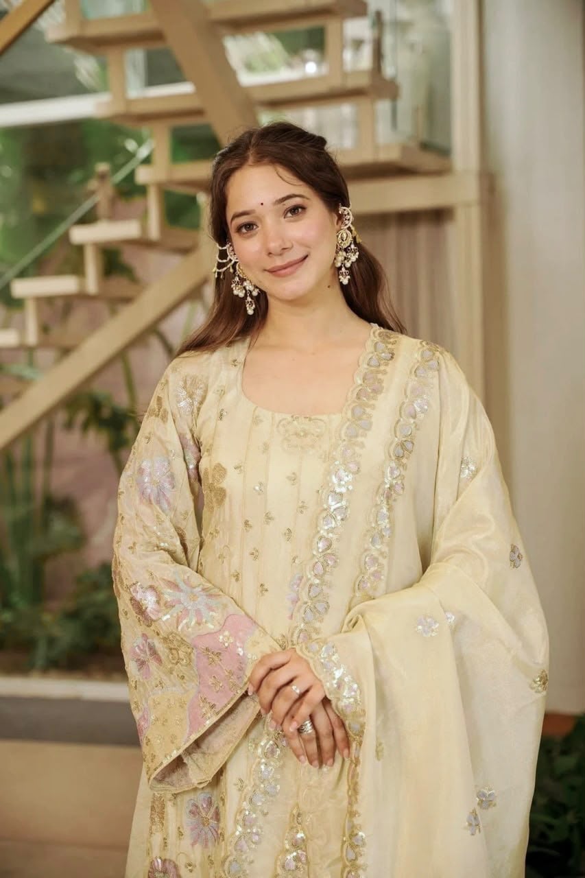 Vichitra Silk Embroidery Thread and Sequence Work Palazzo Suit Set