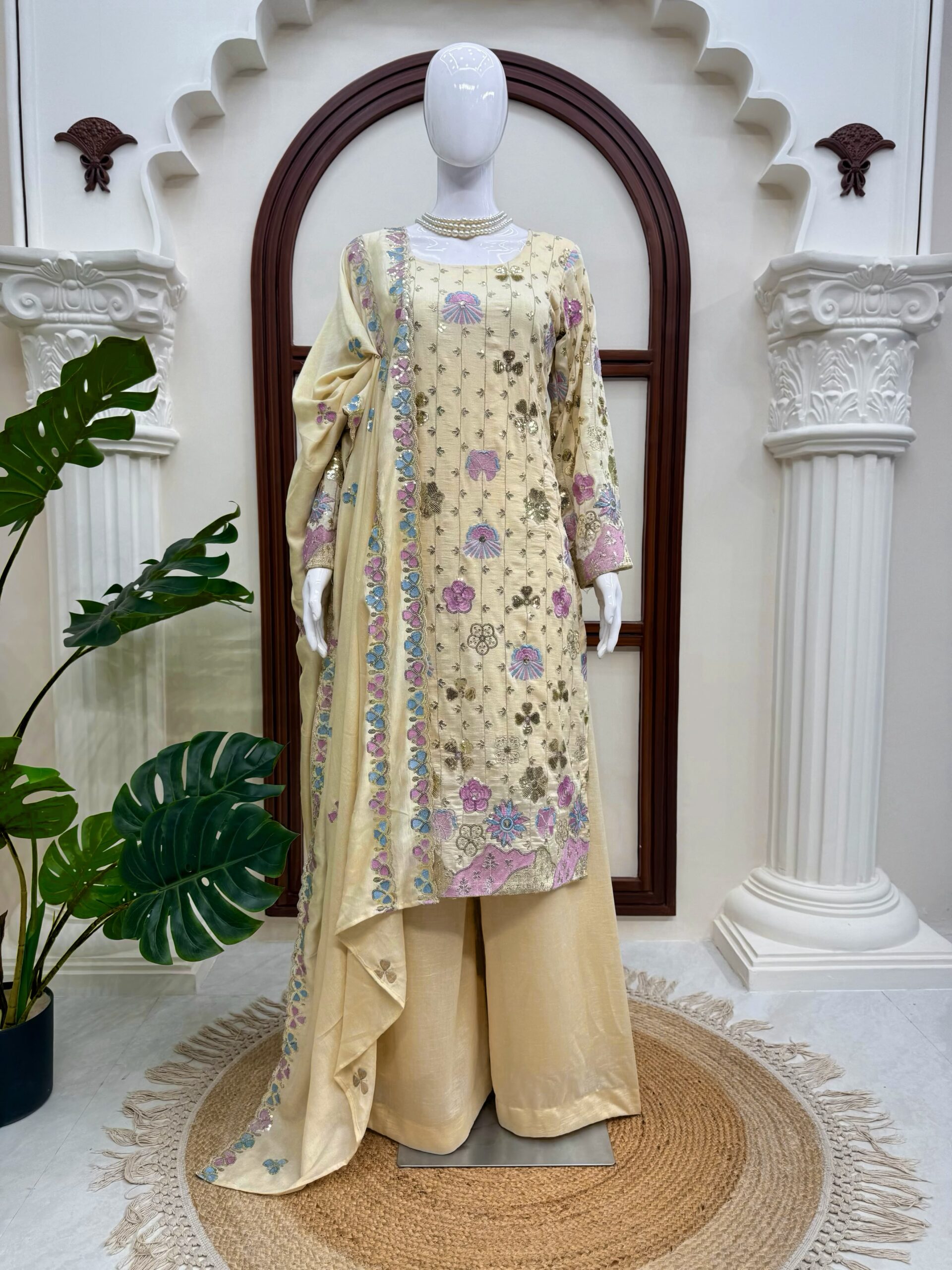 Vichitra Silk Embroidery Thread and Sequence Work Palazzo Suit Set — Wholesale Kurtis, Vardan Ethnic wholesale from Surat — Photo 5