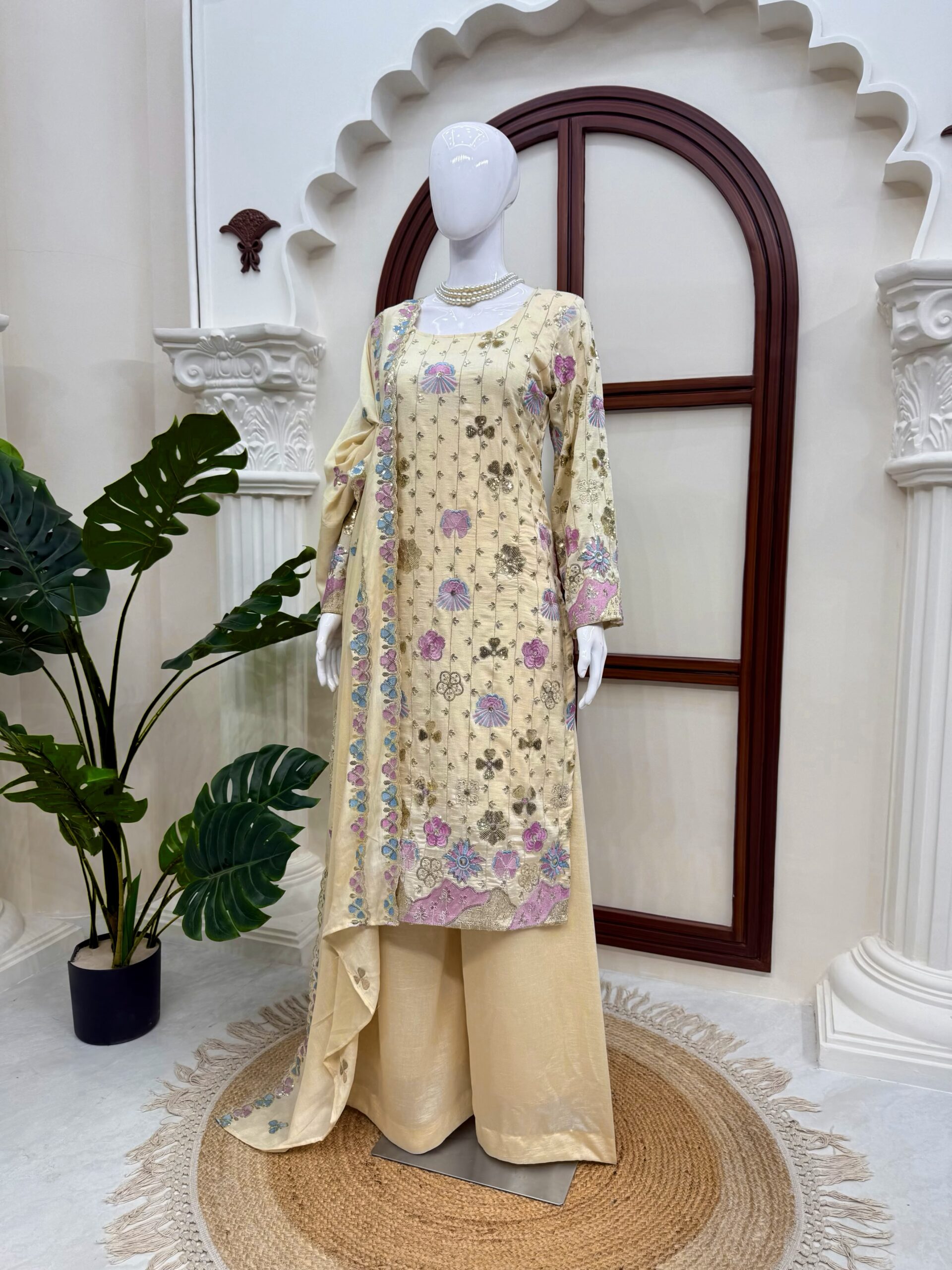 Vichitra Silk Embroidery Thread and Sequence Work Palazzo Suit Set — Wholesale Kurtis, Vardan Ethnic wholesale from Surat — Photo 7