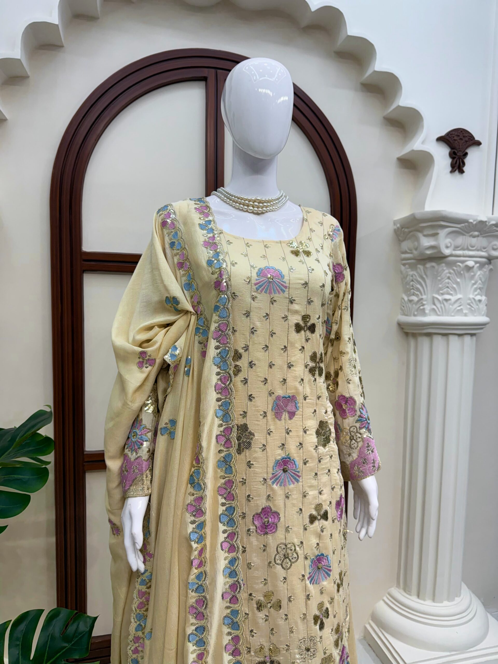 Vichitra Silk Embroidery Thread and Sequence Work Palazzo Suit Set — Wholesale Kurtis, Vardan Ethnic wholesale from Surat — Photo 9