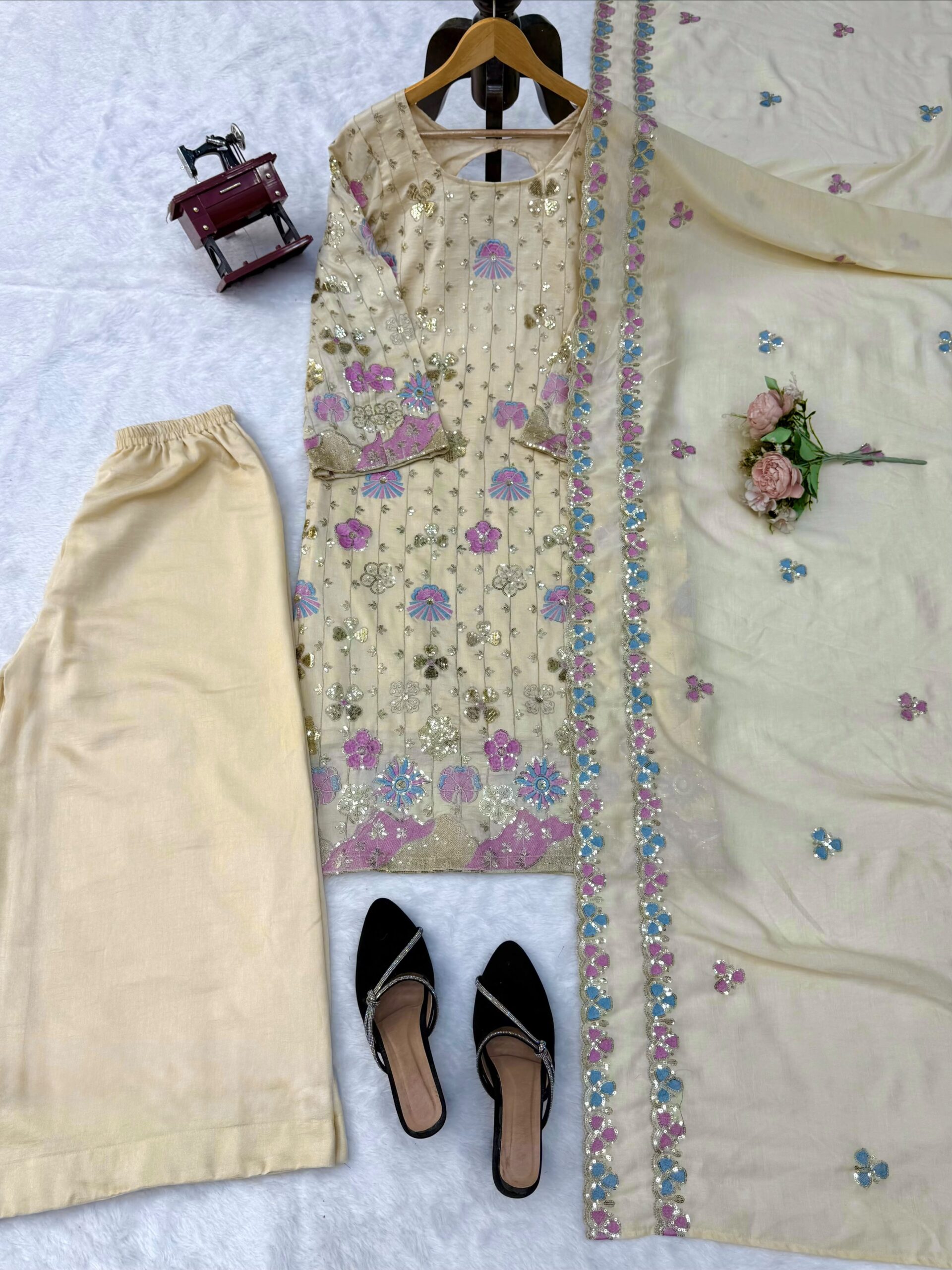 Vichitra Silk Embroidery Thread and Sequence Work Palazzo Suit Set — Wholesale Kurtis, Vardan Ethnic wholesale from Surat — Photo 12